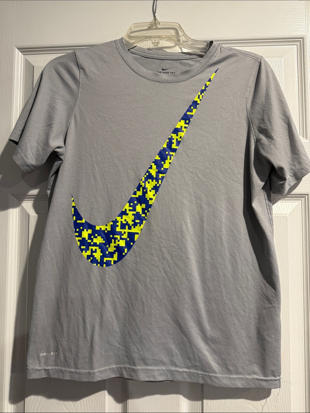 Nike Light Gray Tee with Blue & Neon Yellow Pixel Swoosh